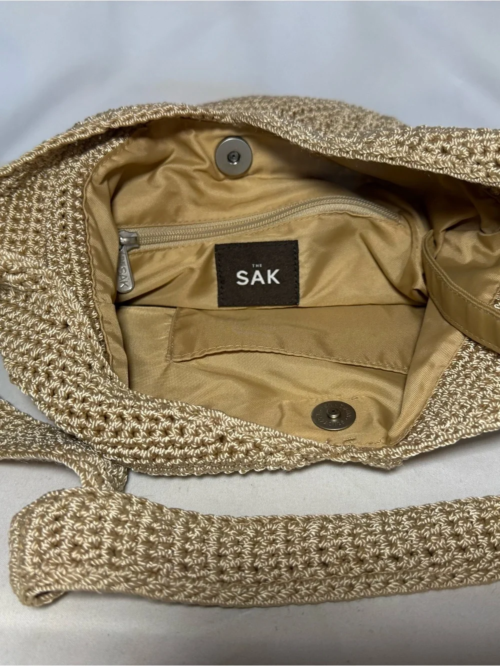 The Sak Beige Crochet Hobo Shoulder Bag with Matching Pouch